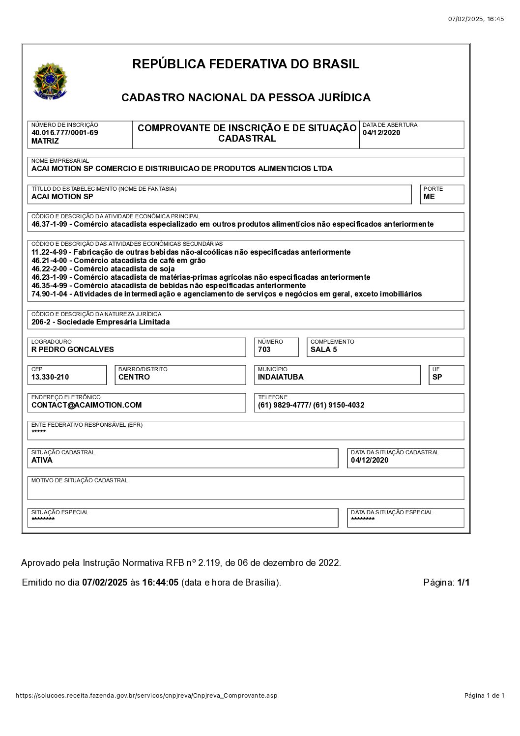 CARTAO CNPJ ACAI MOTION SP – 2025