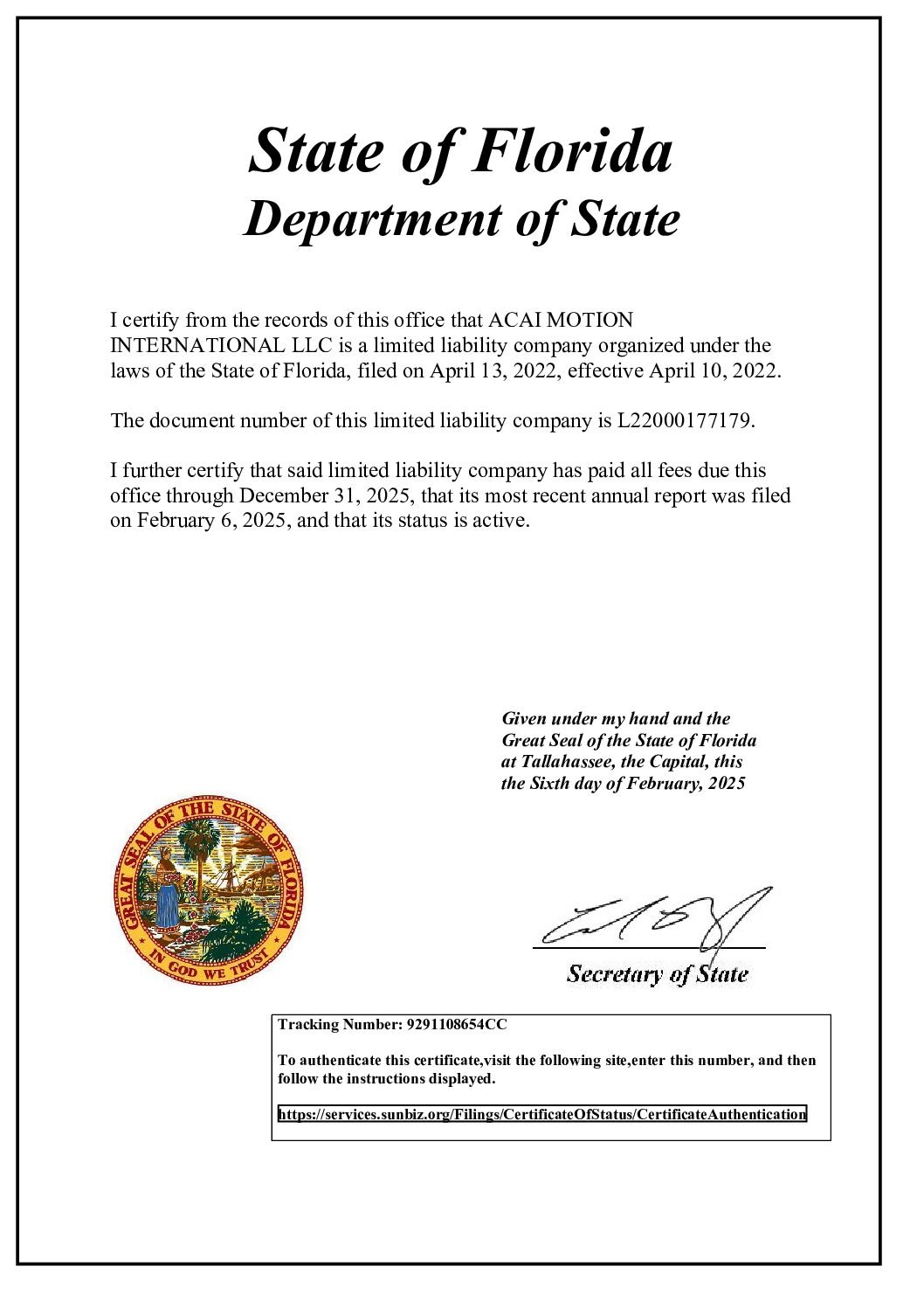 CERTIFICATE OF REGISTRATION ACAI MOTION INTERNATIONAL LLC 2025