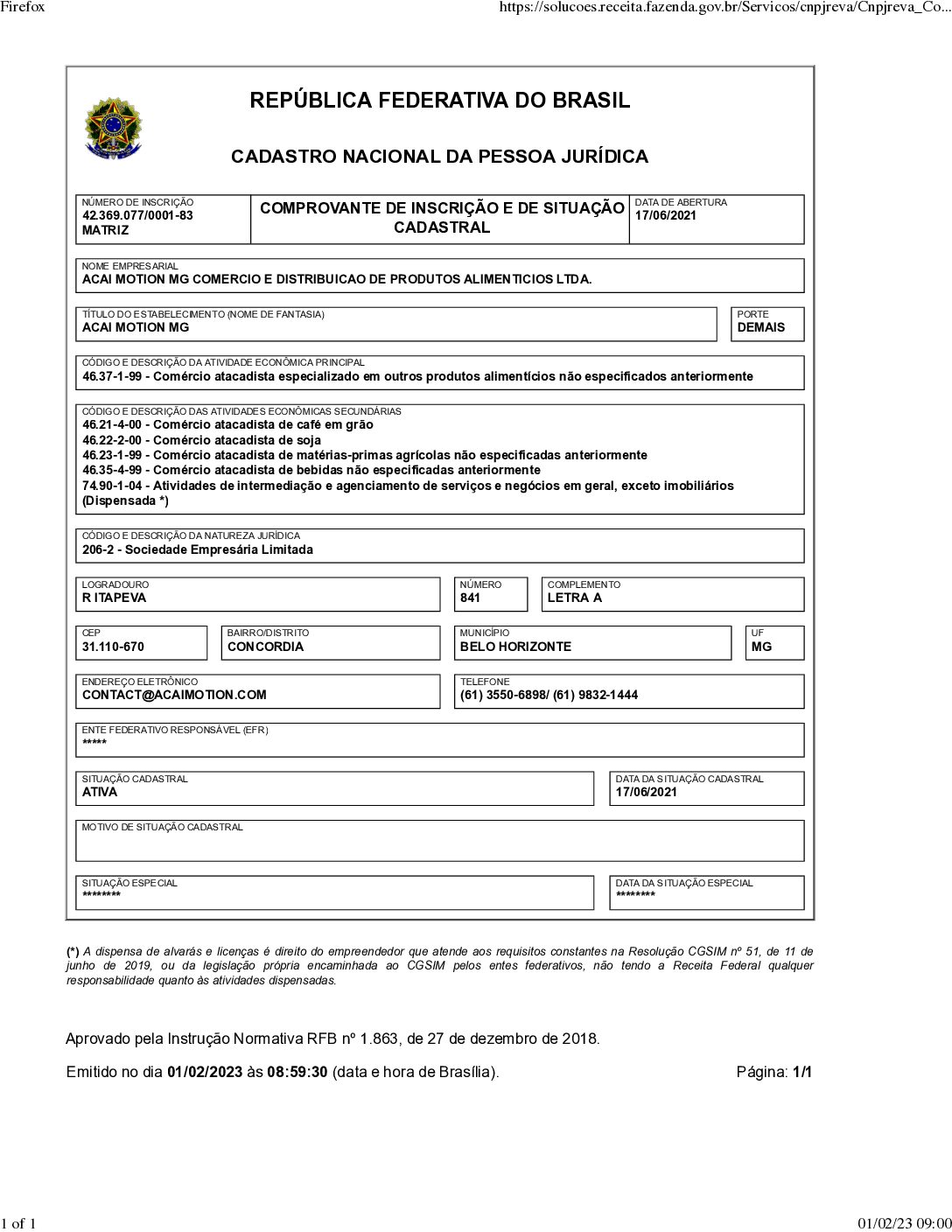 COMPROVANTE INSCRICAO CNPJ ACAI MOTION MG – JANEIRO 2023