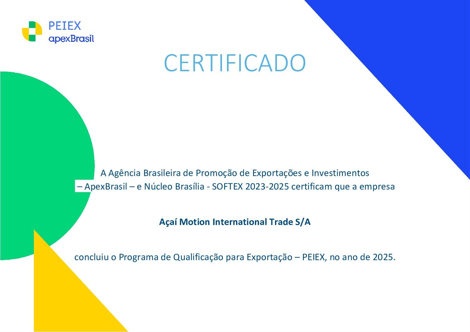 Certificado de Participação no PEIEX ACAI MOTION INTERNATIONAL